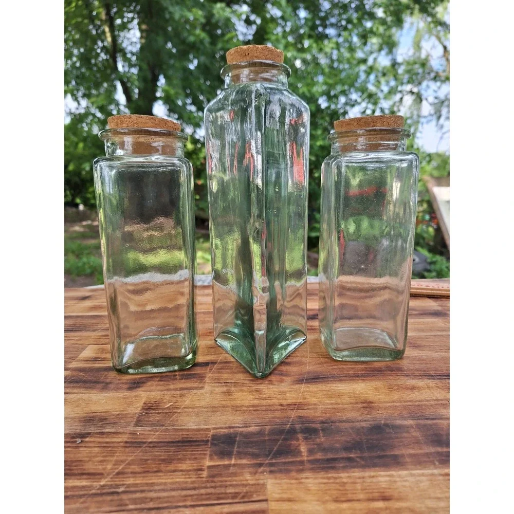 Vintage 1 Triangular 2‎ Square Thick Green Clear Glass Flower Vase Kitchen Jars